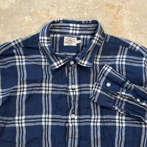 Faherty Brand Men's XL Blue White Plaid Long Sleeve Linen Button Up Shirt Preppy